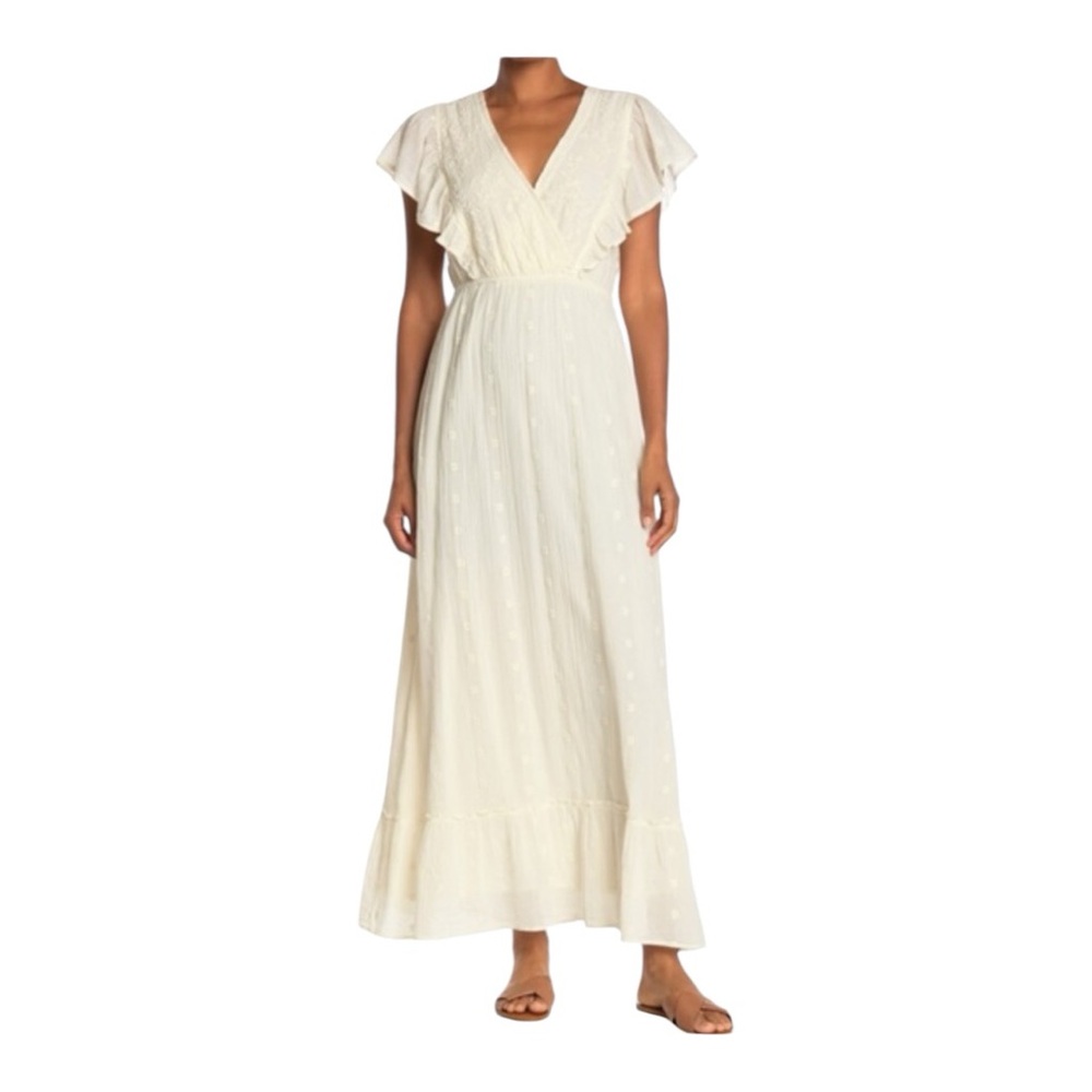LOVE STITCH IVORY CREAM EMBROIDERED FLUTTER SLEEVE MAXI DRESS SIZE SMALL